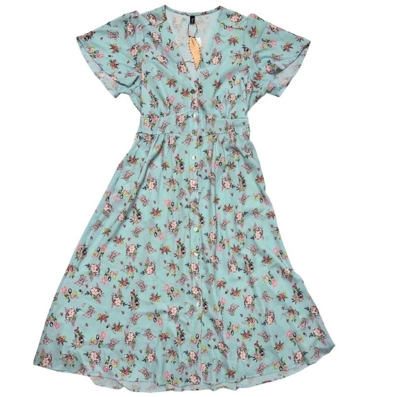 Roylamp Floral Short Bell Sleeve Button Down Dress Pockets MIDI Deep V-Neck - Picture 2 of 10